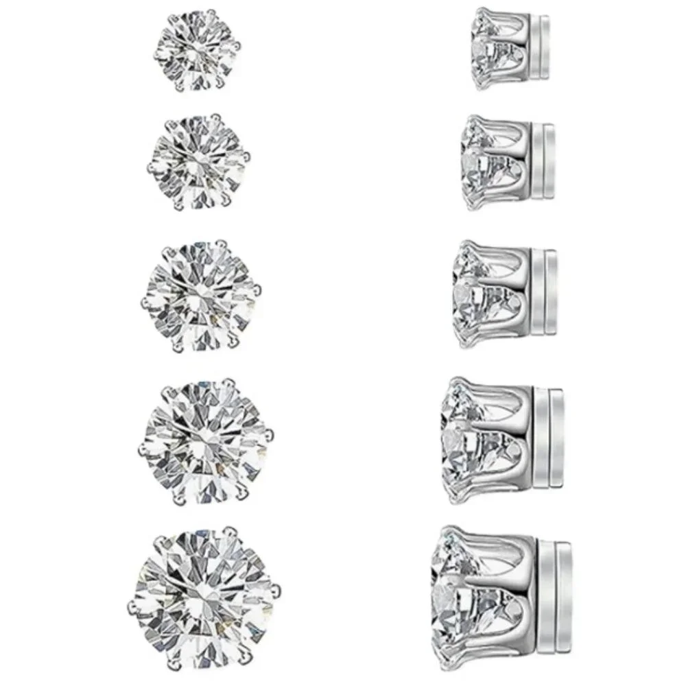 5 Pairs Stainless Steel Non-piercing Cubic Zirconia Stud Earrings Round Magnetic
